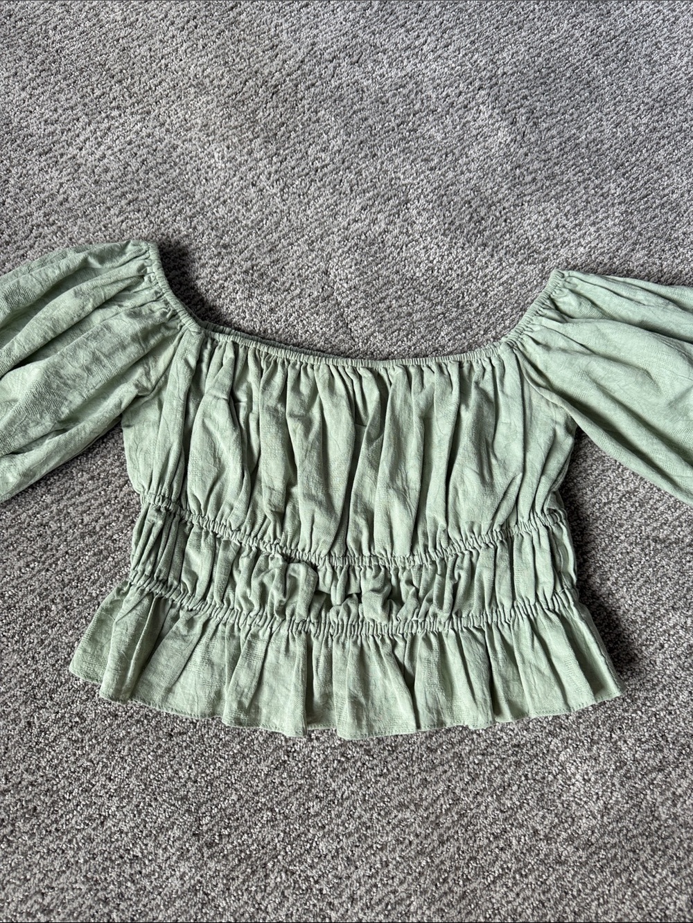 Privacy Please Sage Green Smocked Off-Shoulder Peasant Blouse